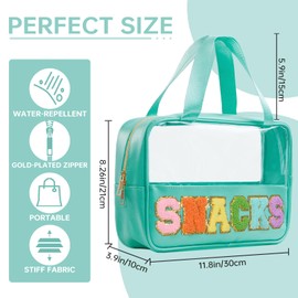 Snack Bags Chenille Letter Patch Clear Bag Snacks Bag for Travel, Preppy Cosmetic Bag Snacks Pouch with Zipper, Toiletry Bag for Traveling women, Clear Travel Bags for Toiletries (Green)