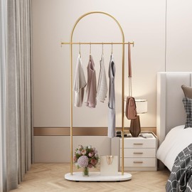 KADIGANG Gold Clothing Rack, Modern Clothes Rack with Shelf, Heavy Duty Freestanding Coat Rack, Metal Coat Hanger Stand with Hooks for Boutique Office