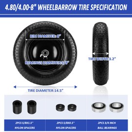 4.80/4.00-8" Flat Free Tire and Wheel 14.5" Wheelbarrow Tire,with 5/8" Axle Bore Hole,3"Center Hub and 3/4" Bearings,Universal Replacement Solid Tire for Hand Truck/Utility Cart/Garden Cart