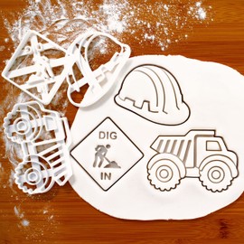 BAKERLOGY Set of 3 Construction Themed Cookie Cutters (Designs: Dig in Signage, Dump Truck, and Construction Safety Helmet)