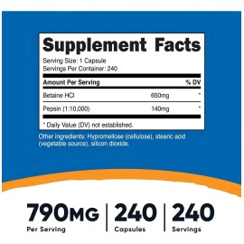 Betaína Hci Y Pepsina 790mg 240 Cápsulas Apoyo Digestivo Sabor Sin sabor