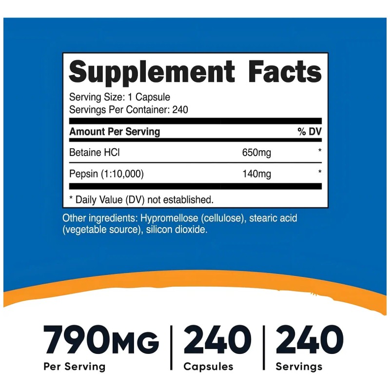 Betaína Hci Y Pepsina 790mg 240 Cápsulas Apoyo Digestivo Sabor