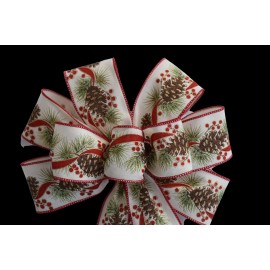 Dogwood Farm Market 10" Hand Made Pine Cone and Berry Christmas Linen Wired Wreath Bow Red Holiday