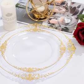 Nervure 100PCS Clear and Gold Plastic Plates - 10.25Inch Gold Disposable Plates - Heavyweight Dinner Plate for Wedding & Party & Holiday