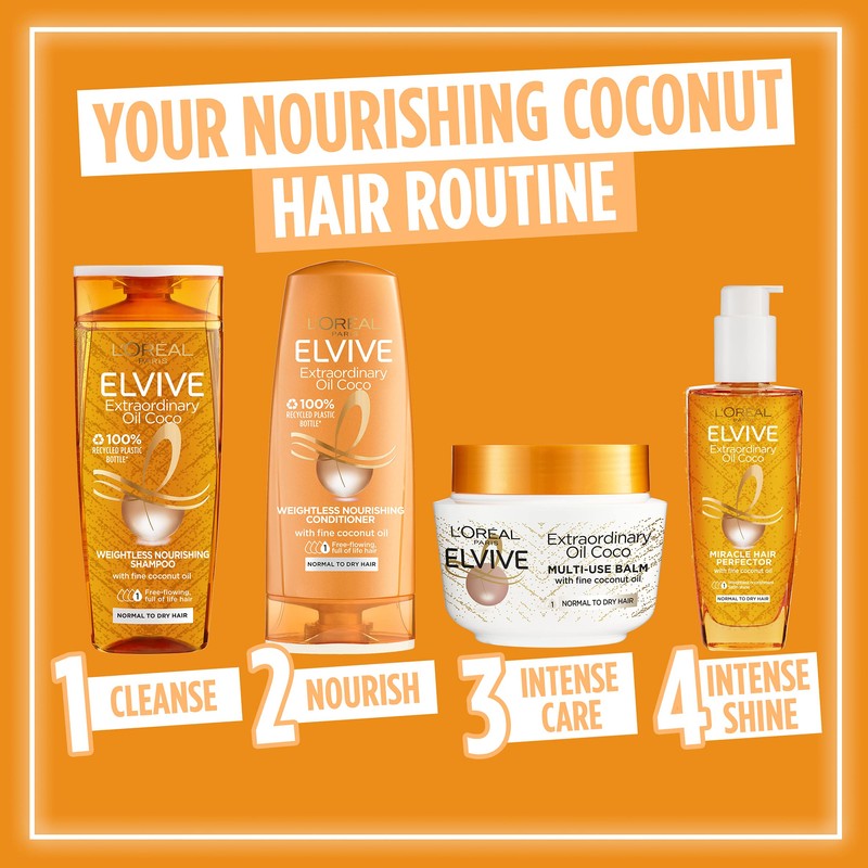 Elvive Haircare L'Oreal Paris Extraordinary Oil Weightless Nourishing Shampoom, Coconut,