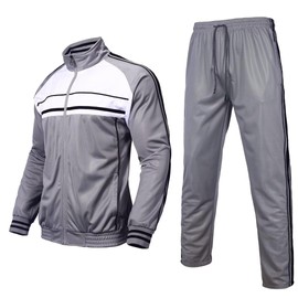 Megub men's Tracksuit Classic Striped jacket pants set sweat suits stand-up collar casual outfit active sportswear for big tall men(Grey/black,3xl)
