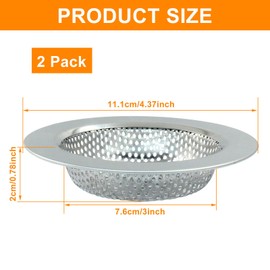 PHITUODA 2 Pcs Sink Strainer Stainless Steel Kitchen Sink Drain Strainer Basket Cover Mesh Hair Food Catcher with Large Wide Rim 4.4" Diameter, Brushed Silver