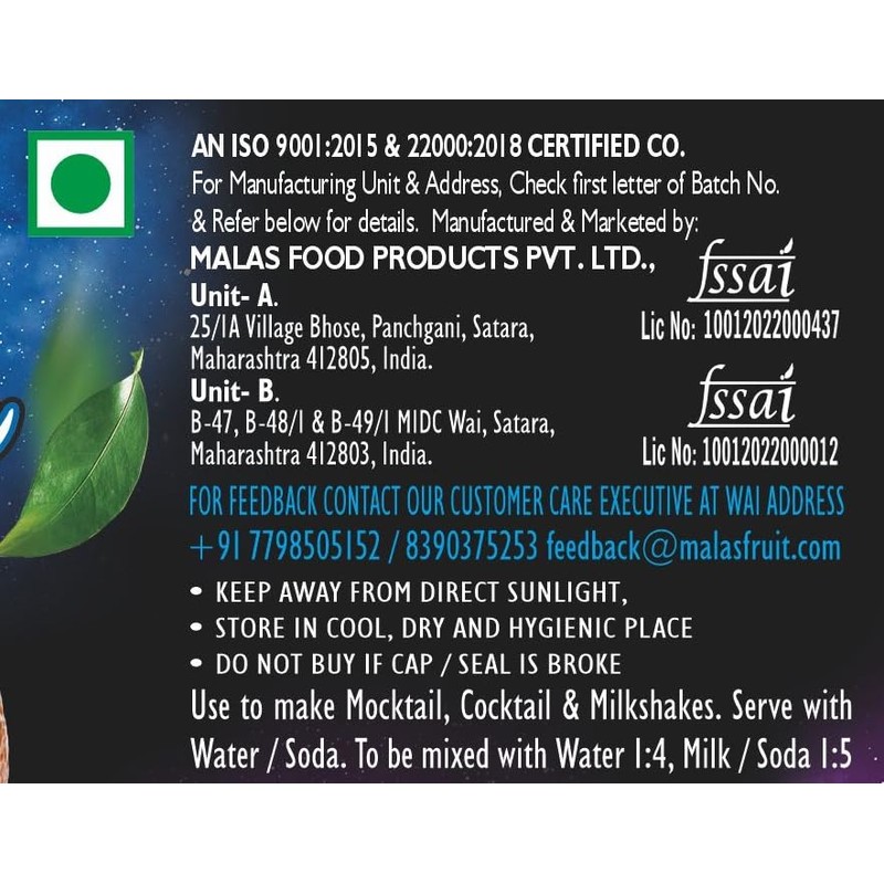 Mala's Fruit Mocktail Syrup Blue Curacao Mocktail, 750ml | Blue