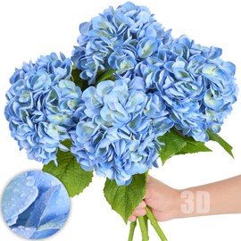 Nubry 22.44In Blue Hydrangea Artificial Flowers,4Pcs Latex Faux Real Touch Large Hydrangea Flowers with Long Stems & Leaves for Home Office Decor Wedding Party Arrangements(Blue)