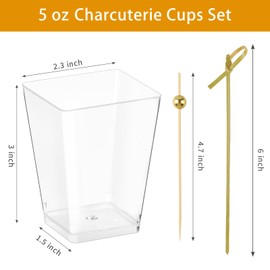 Zezzxu 50 Sets 5 oz Plastic Charcuterie Cups with 100 Sticks, Square Appetizer Cups with Cocktail Picks Mini Party Serving Cups for Fruit, Snack, Dessert