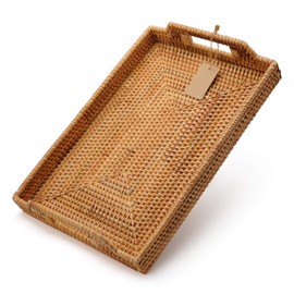 Hand-Woven Rattan Rectangular Serving Tray with Handles for Breakfast, Drinks, Snack for Coffee Table (17x11.4x1.8inches)