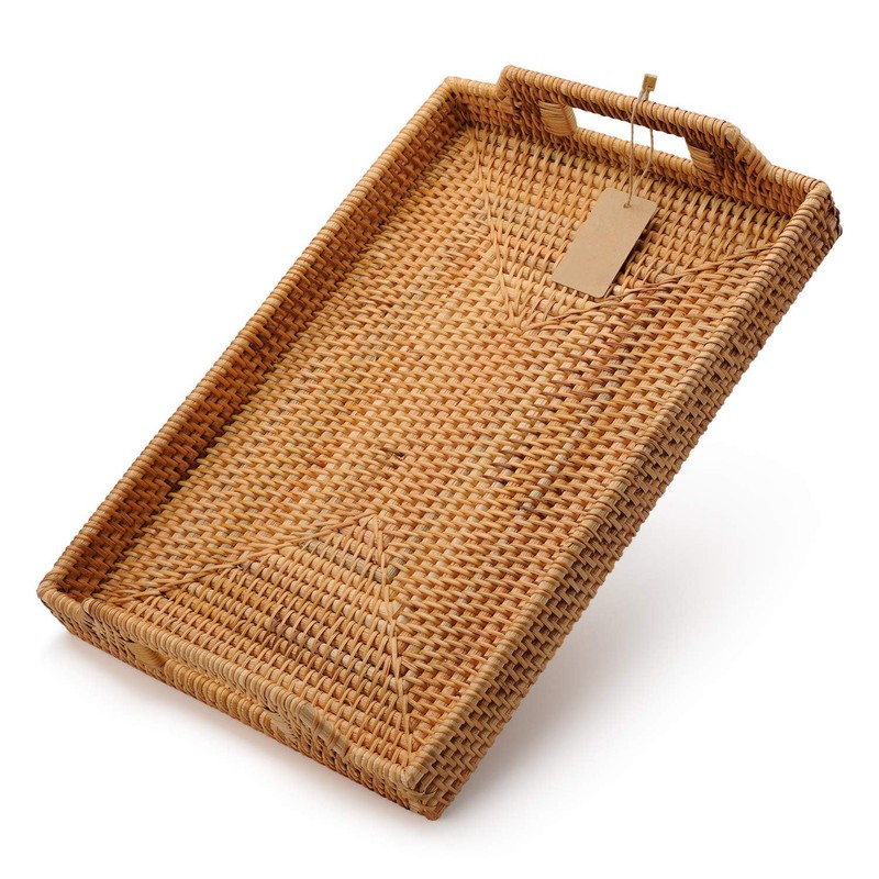 Hand-Woven Rattan Rectangular Serving Tray with Handles for Breakfast, Drinks,