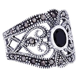 Windalf Medieval Luciana Women's Silver Ring 16 mm Statement Band Ring Black Crystal Gothic Vintage Bohemia Marcasite 925 Sterling Silver, Fabric, Onyx