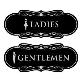 Designer Ladies and Gentlemen Figurines Restroom Signs, Set of 2 (Black/Silver) - Small