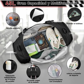 Lubardy Maleta deportiva Bolsa de deporte para gimnasio Maleta gym con compartimento para zapatos y bolsillo impermeable,Bolso de Viaje,Bolsa para Hombre y Mujer,45L Gran Capacidad y Ligero,Negro