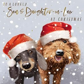 GBCC Son and Daughter in Law Christmas Card - Christmas Cards with Artistic Dogs in Festive Hats Design and Special Finishes - Eco-Friendly Single Xmas Cards with Envelope