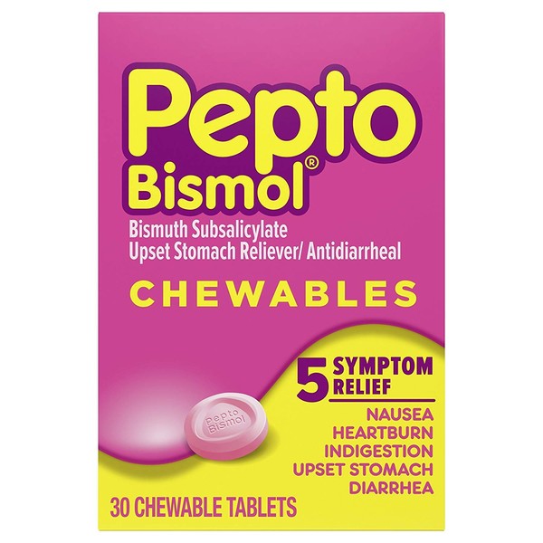 Pepto Bismol Upset Stomach Indigestion Nausea Heartburn and Diarrhea Relief Medicine 30 Chewable Tablets (Pack of 4) (Packaging May Vary) (OLD)