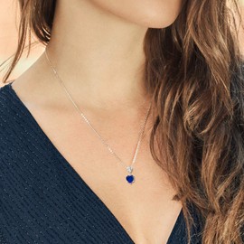 Gem Stone King 925 Sterling Silver Blue Created Sapphire and Sky Blue Aquamarine Double Heart Pendant Necklace for Women (1.42 Cttw, Heart 8MM and 5MM, with 18 Inch Silver Chain)