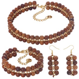 Firstmeet Wood Beads Layer Statement Necklace Choker Bracelet Earrings Vintage Jewelry Set for Women(XL-1203-Wood Set)