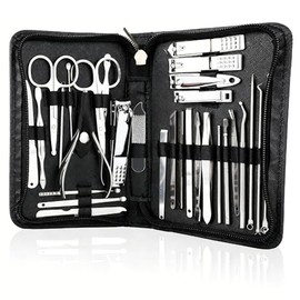 Kit de Corta Uñas 30 en 1, Herramientas Cuticulas (Plateado) | Kit Profesional Manicura y Pedicura de Acero Inoxidable, Herramientas para Manos y Pies con Estuche de Cuero Portátil
