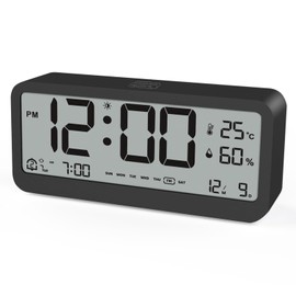 Reloj Despertador,Reloj Despertador Digital con Luz Nocturna,12/24 Horas,Alarma,Doble, Repetición,Cronometraje, Fecha,Día de Semana,Humedad&Temperatura,Reloj Digital Escritorio Dormitorio(Negro)