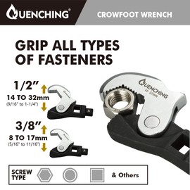 QUENCHING 2-Pcs Spring Loaded Auto-Adjusting Crowfoot Wrench Set, Covers Sizes 8 to 32mm (1/2" & 3/8") - Adjustable Wrench for Automotive Repair Work with Power Grip, Male & Female Square Drives