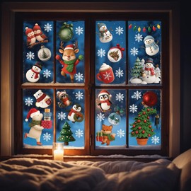 WALPLUS Christmas Window Clings Decorations Double-Sided Reusable Peel and Stick Removable for Glass Living Room Nursery Room Home Office Little Lodge 102 Pieces