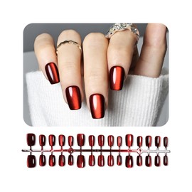 JODSONE 30PCS Classic Red Cat Eye Reusable Fake Nails Set Acrylic Short Square Press on Nails Glossy Soft Gel Stick on Nails for Women Manicure Nails Kit