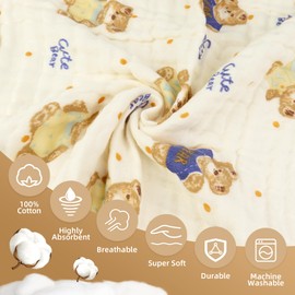 Hivia 6-Layer Cotton Blanket Muslin Blanket 110 x 105 cm Muslin Blanket Baby Muslin Cloths Baby Muslin Blankets Baby Blanket Beige Baby Essentials (Teddy Bear)
