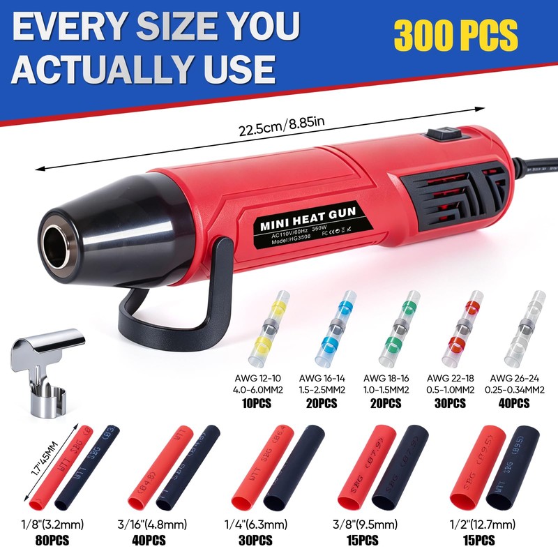 350W Heat Gun Kit, 300pcs Solder Seal Connector & 3:1