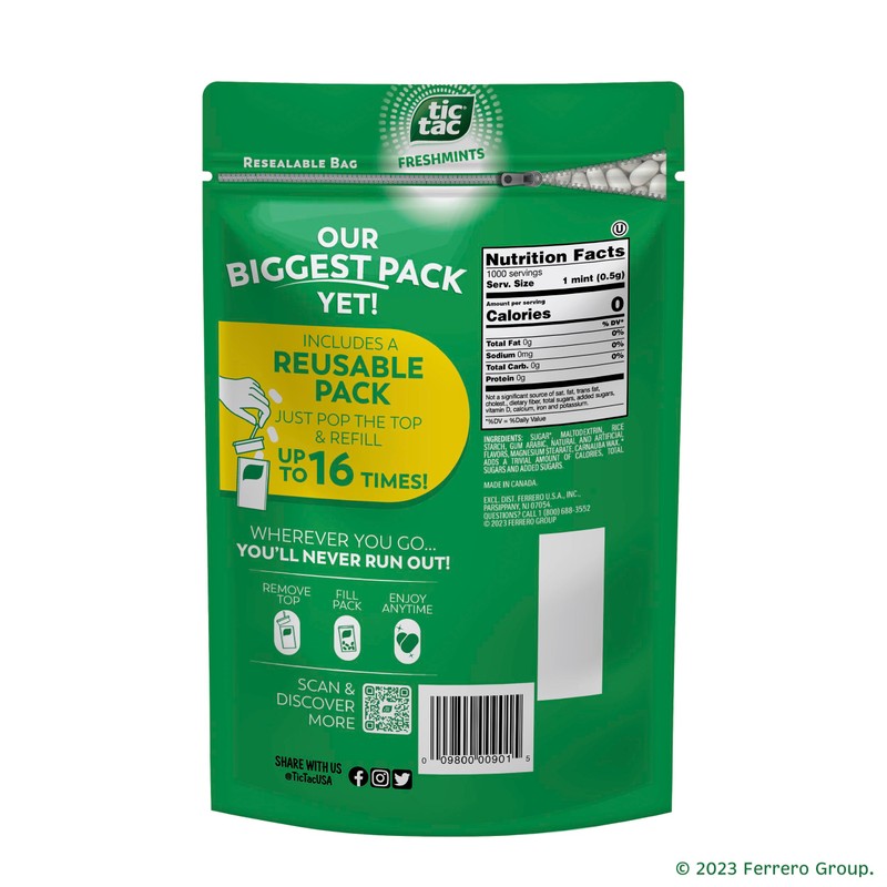 Tic Tac Bulk Resealable Refill Bag, Freshmint Breath Mints, On-The-Go