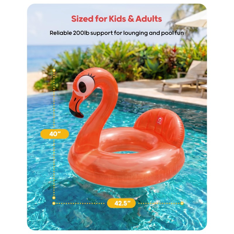 QPAU 43" Flamingo Pool Float, Neon Coral Inflatable Pool Float