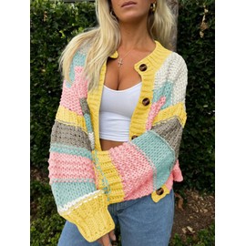 Saodimallsu Womens Striped Chunky Cardigan Sweaters Button Up Fall Trendy Color Block Long Sleeve Knit Sweater Coats Yellow