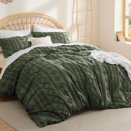 Bedsure Boho Duvet Cover King Size - Tufted Duvet Cover King Size for All Seasons, 3 Pieces Soft Shabby Chic Embroidery Boho Bedding Duvet Cover for Gifts (Olive Green, King, 104x90)