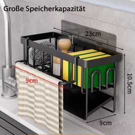 Kitchen Sink Organiser Sponge Holder - Kitchen Sink Organiser with Removable Dish Cloth Holder, Metal Sink Organiser with Automatic Drain Pan, Can Be Hung on the Wall (Black)