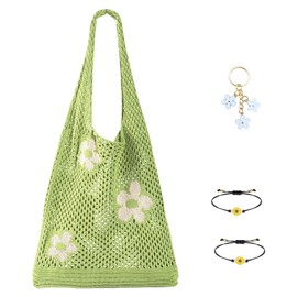 Mesh Tote Bag Purse Woven Beach Bags for Women Summer Aesthetic Crochet Cute Small Travel Beach Bag Fairy Grunge Hobo Shoulder Bag with 1 Cute Keychain, 2 Sunflower Bracelet