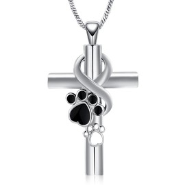QGJNSGC Cross Urn Necklace for Ashes Paw Print Cremation Jewellery with Funnel Filler for People Women Girls Pets, Stainless Steel
