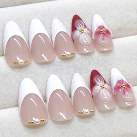 CECOBAG White Floral French Tip Fake Nail Medium Apricot Pearlized Fake Nail Glossy Full Coverage Spring Ladies Nail Art Set 24pcs