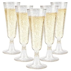 GuanQiao 40 Pack Plastic Champagne Flutes, 5.5 OZ Disposable Plastic Champagne Glasses with Gold Glitter, Wine Glasses Cups for Wedding Celebration Party Wine Tasting New Years Eve Supplies