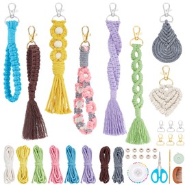 INFUNLY 8 Set DIY Macrame Wristlet Keychain Kits for Adults Colorful Macrame Cord Knotting Kit Boho Mini Macrame Tassel Keychain with Instruction + Video for Car Key Purse Phone Wallet Charm