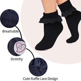 CHAAL® 6 Lace Frilly Socks Girls Frilly lace Socks, Girls Back to school socks Girls Party Wear Uniform Comfort Girls Ankle lace Socks Size 9-12 Black
