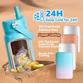 Insulated Water Bottle with Lid & Boot & Stickers, 24 oz Stainless Steel Sweat Free Bottle Keep Cold 24H, BPA-Free Sports Wide Mouth Water Bottle, CyanPink