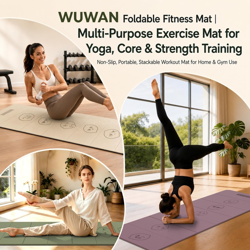 WUWAN TPE Yoga Mat Foldable 8mm Thick Light Non-Slip for