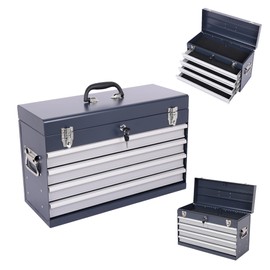 Heavy Duty 21 Inches Metal Tool Box with 4 Drawers - Portable Locking Tool Chest with Ball Bearing Slides, Powder Coated Steel & EVA Liners - Multi-Function Garage & Workshop Organizer (Antique Grey)