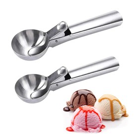 2Pcs Durable Potato Scoop Easy Trigger Stainless Steel Ice Cream Scoop Ergonomic Metal Cookie Scoop Melon Ball Scoop for Fruits, Water Melon Scoop