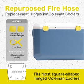 Coleman Cooler Hinge Replacement Kit - 2 Hinges, 1 Lid Strap, Unbreakable, Made in USA, Repurposed Fire Hose