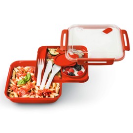 Rotho Memory B3 Lunch Box 1.1 L with Cutlery and Separate Container, Plastic (PP) BPA-Free, Red, 1.1 L (19.5 x 19.5 x 6.5 cm)