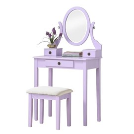 Roundhill Furniture Moniys Wood Moniya Makeup Vanity Table and Stool Set, Purple