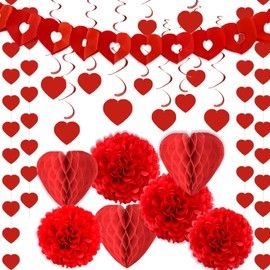 Valentines Decorations，12 Hanging Swirls,4 Red Paper Pompoms,3 Red Hanging Heart Decoration,Valentines Day Decorations for Wedding Valentine Anniversary Party Supplies