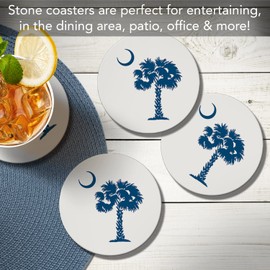CounterArt Blue Palmetto Round Absorbent Stone Coaster 4 Pack with Protective Cork Backing Manufactured in The USA